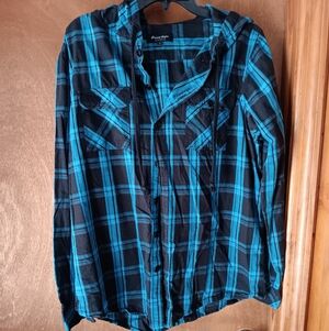 Eighty Eight Black and Blue Plaid Hooded Button-Down Shirt